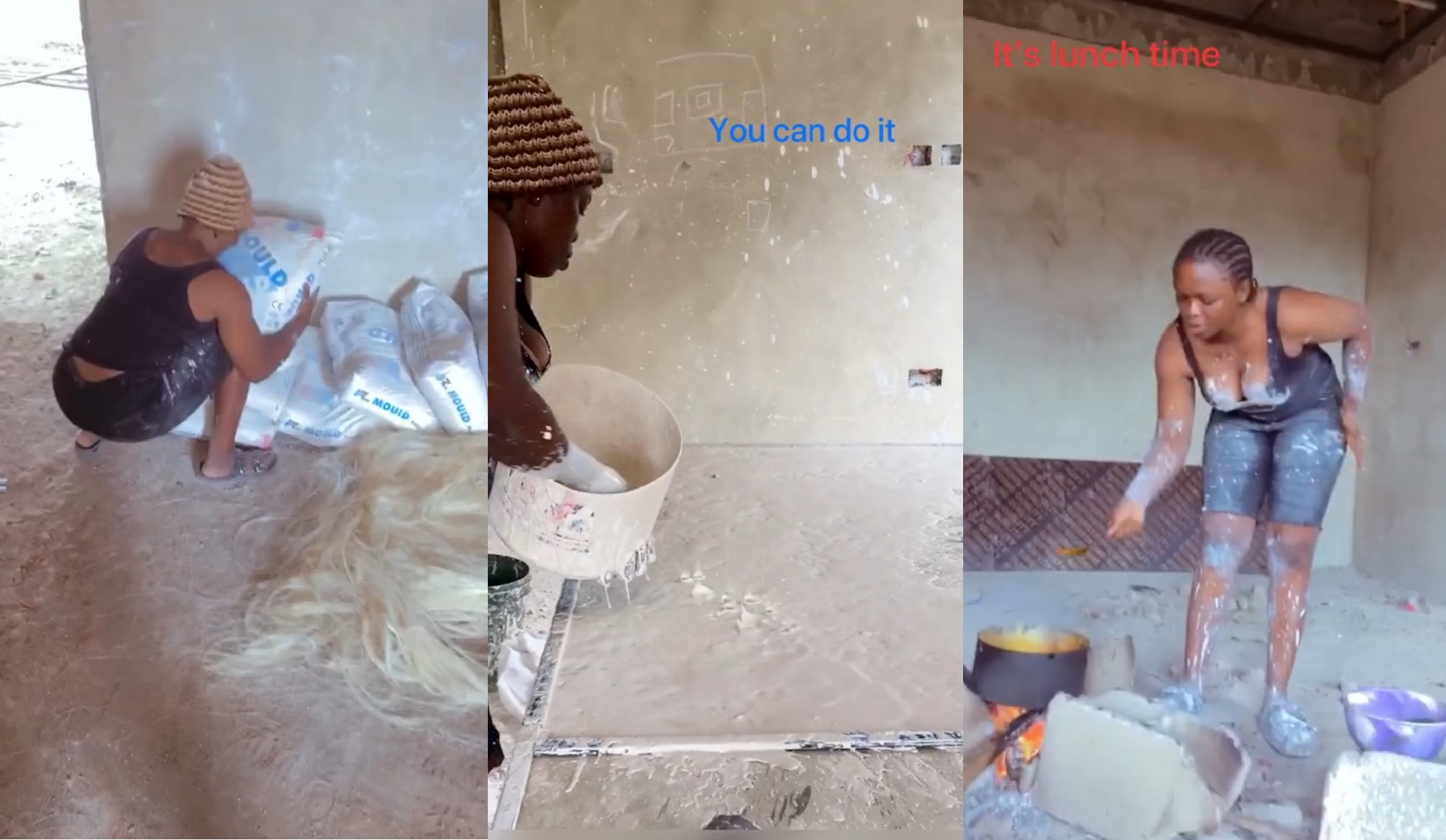 A Beautiful Lady Working At a Construction Site Who Also Prepares Jollof Rice For Her Colleagues To Eat Goes Viral Online [VIDEO].